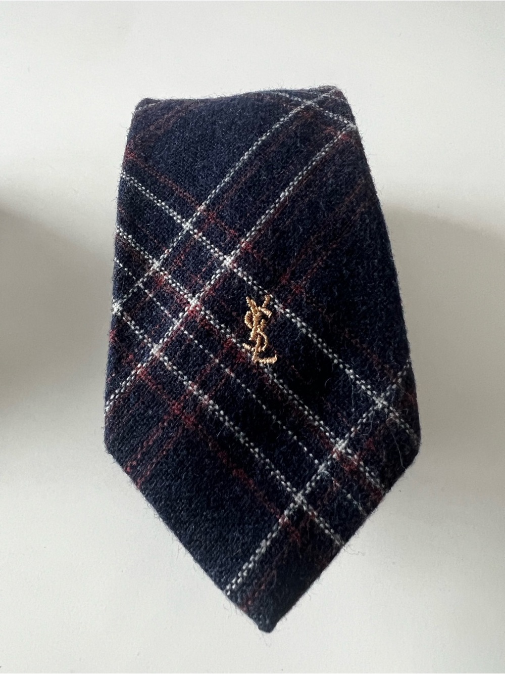 Yves Saint Laurent Navy Plaid Wool Tie with Gold Logo